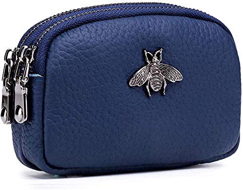 Damen Leder Geldbörse - Doppelreißverschluss Bee Change Pouch Brieftasche Kartenhalter Münztasche Mini Einfache süße Münztasche nützlich für Damen Frauen (Blau)