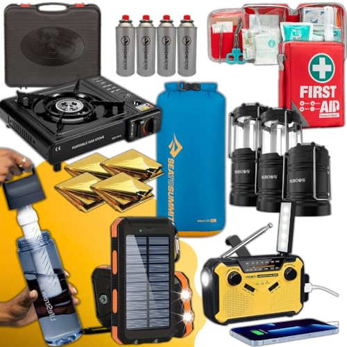 #1 Notfall-Paket für zu Hause bei Notfällen, Stromausfall, Kriegssituationen, Wasser/Gasausfall - Inklusive Wasserfilter, Powerbank, Gasherd, Notruf, Erste-Hilfe-Set und mehr