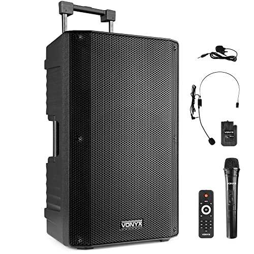 Vonyx VSA700-BP Partybox Bluetooth Lautsprecher Groß, 1000 Watt, Akku 8 Std. Headset mit Ansteckmikrofon und UHF Mikrofon, Mobile PA Anlage Komplettset, Soundbox Bluetooth groß, USB/SD/MP3 Schwarz