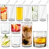 Winter Shore Hohe & Breite Gläser Set (12er-Pack) - BPA-Freie Wasser-, Saft- & Cocktail Gläser - 310 ml & 320 ml Trinkgläser Set 12 Teilig für Jeden Tag, je 6 Stück - Mit 6 Glasstrohhalmen & 2 Bürsten