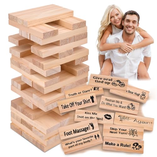 Vibbang The Lust Tower Blocks, Naughty für Erwachsene, 48 Holzblöcke Adult Couple Games Night Board Games, Holzblöcke mit Wahrheit oder Pflicht Fragen und Herausforderungen