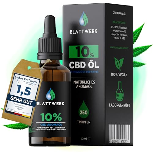 CBD Öl 10% - Vollspektrum Extrakt CBD Tropfen - Deutsche Qualitätsmarke - Cannabidiol Tropfen - Echtes Cannabisöl - Deine natürliche Alternative - 10ml - 250 Hanföl Tropfen - 1000mg CBD - BLATTWERK