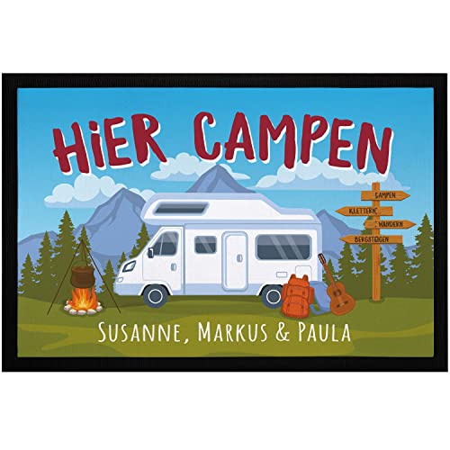 SpecialMe® Fußmatte Camping personalisiert mit Namen Geschenk für Wohnmobilbesitzer Familie rutschfest & waschbarr schwarz 60x40cm
