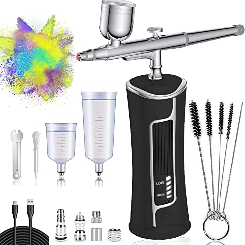 AUPERTO Kabellose Airbrush Set - Tragbare USB-aufladbare Doppelaktion Airbrush-Set mit LED-Display, Luftkompressor für Nageldesign, Make-up, Tattoos, Kuchen, und Gesichtsbemalung(Schwarz)