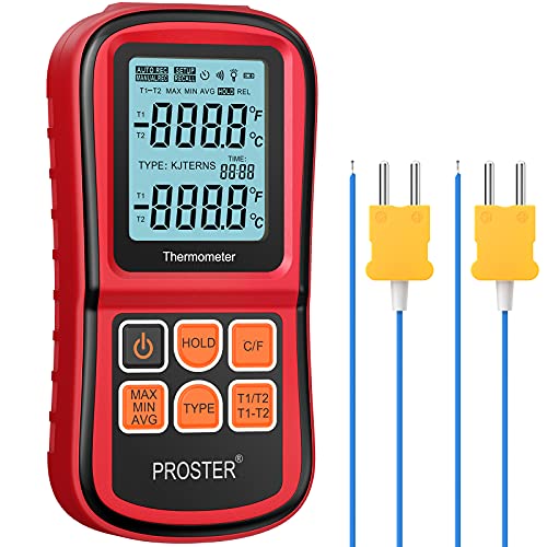 Proster Digitales Thermometer mit 2 Dual Kanal K-Typ Thermoelementen Sensor Sonde LCD Hintergrundbeleuchtung Temperaturmessgerät Temperaturmesser für Thermoelement Typen K/J/T/E/R/S/N