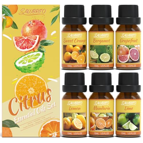 SALUBRITO Zitrus Ätherische Öle Set, Naturrein Zitrusdüfte Duftöle für Diffuser - Süße Orange, Bergamotte, Grapefruit, Zitrone, Mandarine, Limette Aromatherapie Öl