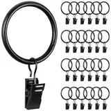 Caianwin 25 Stück Vorhangringe Metall Gardinenringe mit Clips 32mm Innendurchmesser Curtain Rings für Stange Fenster Tür Duschvorhang Wäscheleine(Schwarz)