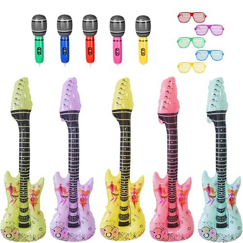 15 Stück Aufblasbare Instrumente, Luftgitarren zum Aufblasen, Aufblasbare Gitarre, Luftgitarre, Gitarre Aufblasbar mit Mikrofone und Gläser Party Spielzeug, Party Requisiten für Kinder und Erwachsene