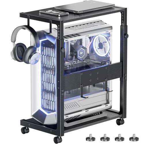 JANE EYRE Computer Tower Ständer - Höhenverstellbarer PC Tower Ständer Gehäuse Halterung CPU Halter Wagen mit Rollen und 4 Haken für Home Office und Klassenzimmer, 58.5-71.9cm (H), Schwarz