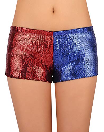 HDE Damen Rot und Blau Metallic Pailletten Booty Shorts für Harley Misfit Halloween Kostüm, rot/blau, XX-Large