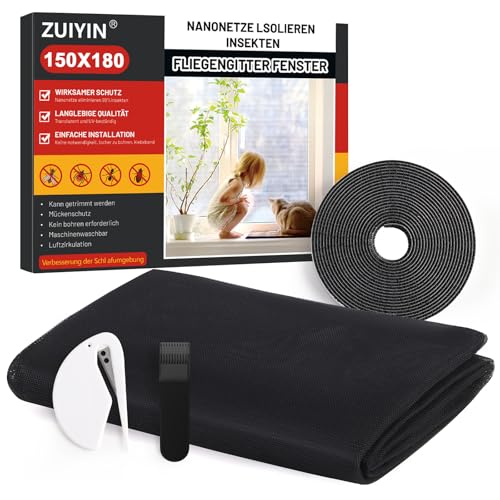 ZUIYIN Fliegengitter Fenster - 150x180cm - Ohne Bohren Insektenschutz Fenster Zuschneidbar mit Starker Klettband Fliegennetz & Mückennetz für Fenster