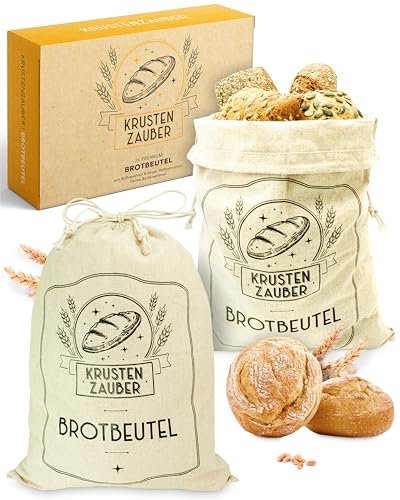 KRUSTENZAUBER Brotbeutel Leinen 2er Set - 2x Leinenbeutel 40x30cm zur Brotaufbewahrung - Idealer Brotsack, Brötchenbeutel, Brot Backen Zubehör Brotsackerl Brottasche Brot Aufbewahrung