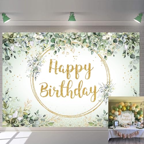 Salbeigrün Happy Birthday Hintergrund Eukalyptus Grün Blätter Neutral Geburtstag Fotografie Hintergrund Kinder Erwachsene Babyparty Dschungel Thema Geburtstag Party Dekor Hintergrund (210 x 150cm)
