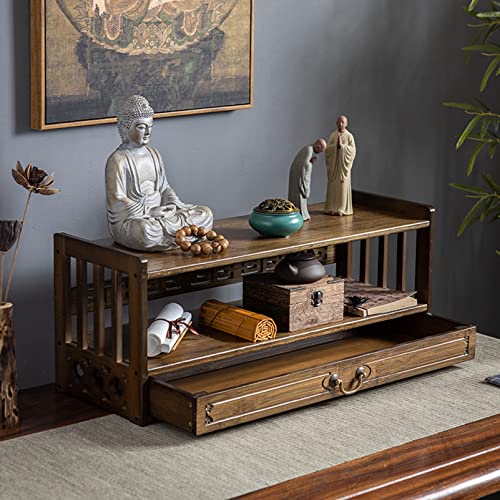 FUYAO 3-stufiger Altartisch für spirituellen Puja-Tisch mit Schublade, Tischaufbewahrung, Meditationstisch für Wohnzimmer, orientalischer Stil, Couchtisch, Schrank, natürlicher Bambus