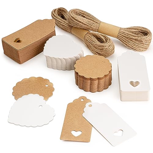 SuMile Geschenkanhänger Kraftpapier,200 STK Geschenkanhänger Etiketten Kraftpapier Natural Craft Card mit 30 Meter Jute Schnur für Handmade,Hochzeit Geschenk Weihnachten