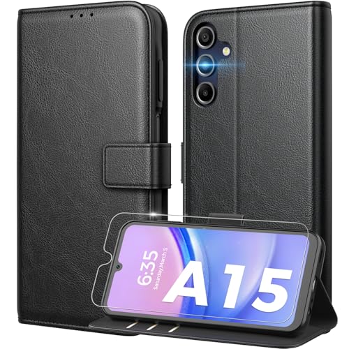 Peakally Handyhülle für Samsung Galaxy A15 5G / A15 4G Hülle [Mit 1 Stück Panzer Schutz Glas] [Premium PU Leder] [RFID-Blockierung] [Kartenfach] Klapphülle kompatibel mit Galaxy A15 - Schwarz