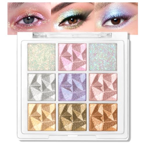 Noerrors Glitzer-Lidschatten-Palette 9 Farben Multichrome Lidschatten Schimmer Holografisch Innerer Augenwinkel Gesichts-Highlighter Creme-Puder Funkelnd Langlebig Glänzendes Makeup