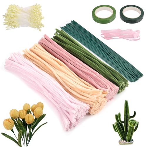 400 Stück Pfeifenputzer zum Basteln Blumen, Pfeifenreiniger Blumen Set, Tulpe Pipe Cleaner Flower Set, Blumenstrauß DIY Pipe Cleaners mit Staubgefäße, Blumenband, Blumendraht, Staubblatt,usw