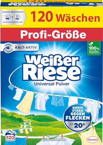 Weißer Riese Universal Pulver in Profi-Größe (120 Waschladungen), Waschpulver Großpackung für Industrie & Gewerbe, kalt-aktives Vollwaschmittel wirkt riesig stark gegen Flecken ab 20 °C