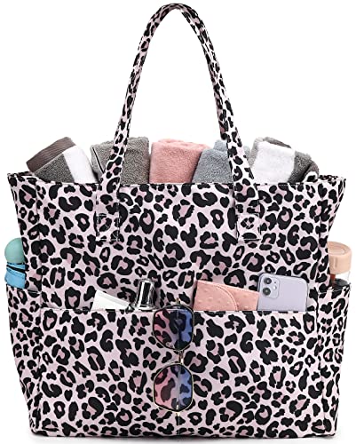 LEDAOU Große Strandtasche Damen Umhängetasche Handtasche wasserdicht sanddicht mit Reißverschluss Strandtasche für Pool Fitnessstudio Reisen mit Nasstasche (Leopard)