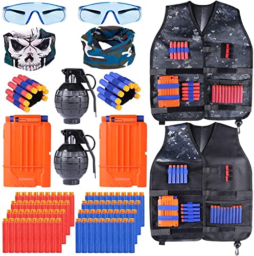 INNOCHEER Taktische Weste 2 Pack für Kinder, Taktische Jacke Kit mit 80 er Darts, 2 Brille, 2 schnell nachladen Clips, 2 Maske und 2 Armbände