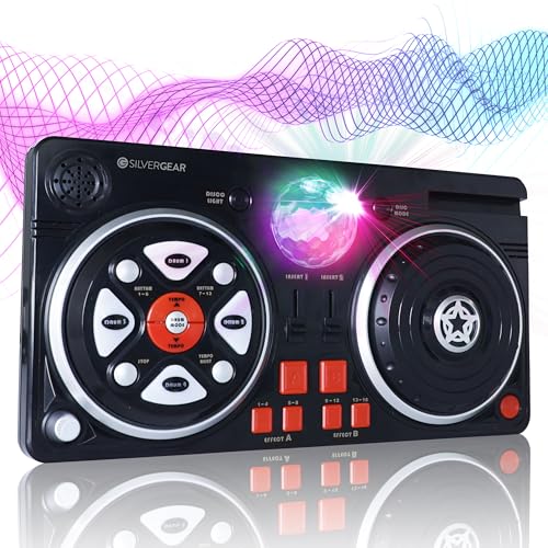 Silvergear® DJ-Set für Kinder | DJ Pult für Anfänger mit Kopfhörer und Discokugel | 46 Soundeffekte | AUX-Kabel für Eigene Musik | Tragbares DJ Equipment | Batteriebetrieben | 39.3 x20.5x6.4 cm | Schw
