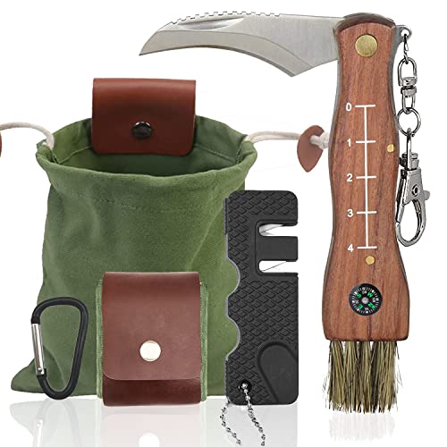 Pilzmesser mit Bürste und Lineal, Taschenmesser mit Canvas Bushcraft Tasche Edelstahl Trüffel Taschenmesser mit Schlüsselring Schwammerlmesser Klappmesser Messer pilzbürste