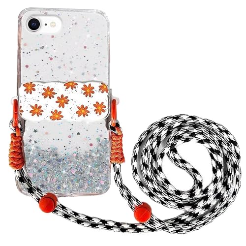 Rnrieyta Miagon Handykette Hüll für iPhone 6S Plus/6 Plus Glitzer Durchsichtig Case mit Universal Blume Telefon Clip Kordel zum Umhängen Handyanhänger Halsband Lanyard