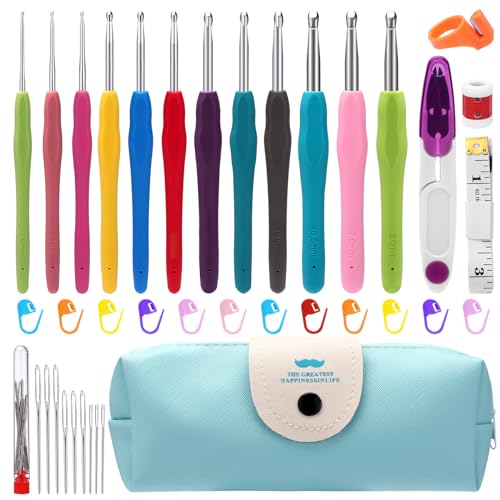 ROYOUZI Häkelnadel Set, 11 Stück Rutschfestes Garn Stricknadel Set, 40 Teiliges Häkelset für Anfänger mit Häkelzubehör, Ergonomisches Häkelnadel-Set aus Weichem Gummi mit Tragbarer Tasche