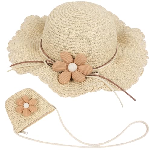 MAMUNU Strohhut und Kleine Tasche Set, Mädchen Kinder Sommer Sonnenhut, Strandmütze kinder mit Blumendekoration für den Urlaub Reise Outdoor-Aktivitäten (Style02 Beige)