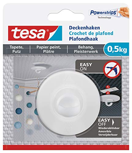 tesa Deckenhaken Tapeten und Putz - Selbstklebender Haken - Ideal Zur Befestigung Von Deko-Objekten - Spurlos Ablösbar, Weiß, 1 x 0,5 Kg