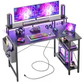 BEXEVUE Eckschreibtisch mit Steckdosenleiste LED – 120x70 cm Ergonomic Kleiner L-förmiger Ablagefächer, Umkehrbarer PC Ecktisch Computertisch, Corner Gaming Tisch, Studium Arbeit Zuhause Schlafzimmer