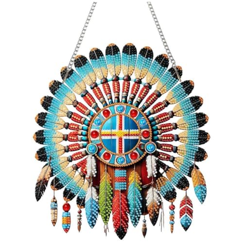 DIY Acryl-Diamant-Kunst-Malerei-Kranz-Kits, spezielle geformte Strasssteine, runde Diamantkunst, Fensteranhänger, Haus, Garten, Wandbehang Kits (einseitiger Punktbohrer), Aboriginal Shield-3