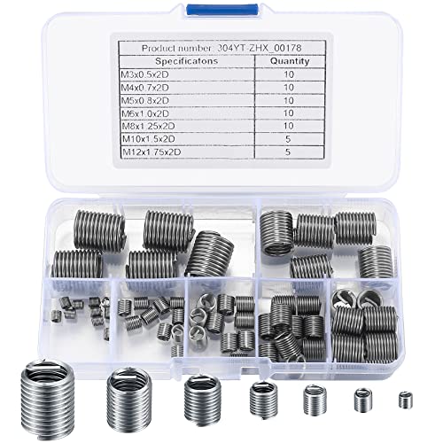 60 Stk Selbstschneidender Gewindeeinsätze, Helicoil Gewinde Reparatur Einsatz, Gewindereparatursatz, M3 M4 M5 M6 M8 M10 M12 Innengewinde Set für Metall Kunststoff Verarbeitenden Industrie