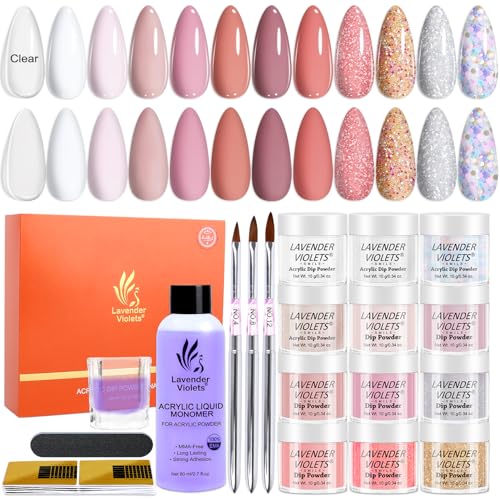 Lavender Violets Acryl Nagelset, Acrylpulver für Nägel und Liquid Set, French Nail mit 12 Farben Acrylic Powder & Monomer Polymer für 3D French Nail Manicure Extension Nail Carving, Erweiterung N960A