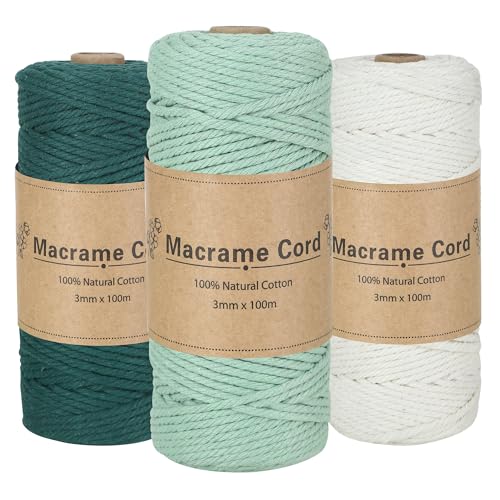 BUCOMTU 3 Stück Makramee Garn,3mm x 300m Baumwollkordel in Naturtönen (dunkelgrün, hellgrün, beige),Perfekt für DIY-Handarbeiten, Flechtkunst und kreative Verpackungen