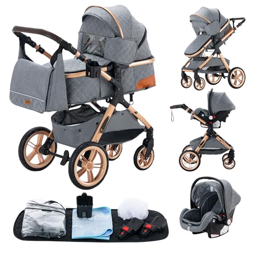 YAZOCO kinderwagen 3 in 1, Zusammenklappbar kinderwagen Komplettset Becherhalter, Moskitonetz, Fußabdeckung Für Baby Erstausstattung Neugeborene (5 Grau)