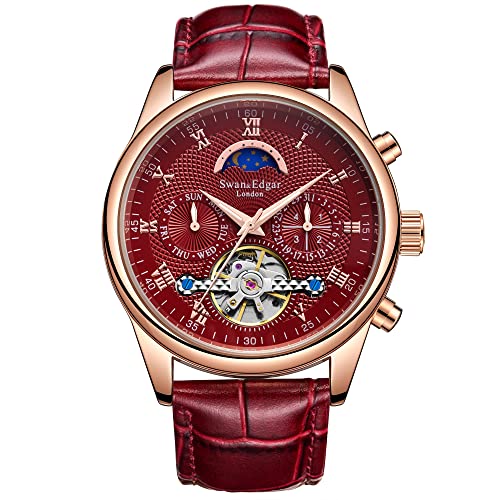 SWAN AND EDGAR Complexity Designer-Herren-Armbanduhr mit Tag-Nacht-Anzeige, Tag-, Datums- und Geschäftsviertel, Lederarmband, analoge Herren-Armbanduhr mit 5 Jahren Garantie, Gold Red