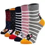 PUTUO Damen Socken aus Baumwolle Lustige Bunte Socken, Frauen Damen Thermal Socken Witzige Socken Karikatur Tier Socken Weihnachtssocken, 5 Paare, EU 37 - 43, Katzenmuster