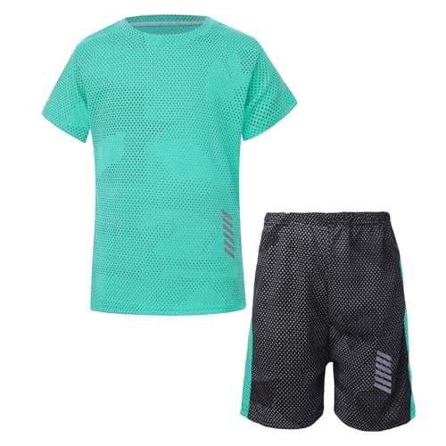 Miutii Jungen Sport Set Trainingsanzug Kurzarm T-Shirt + Shorts Sportanzug Fußball Uniform Trikot Basketball Kleidung Grün 98-104