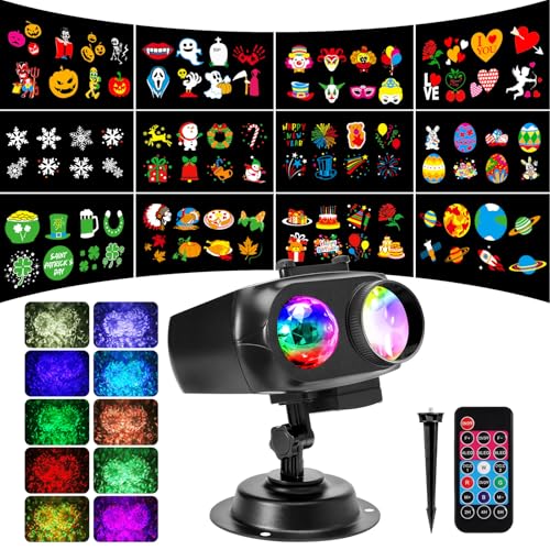 ECOWHO Halloween Weihnachten Projektor LED Projektorlampe IP44 Projektionslampe 12 Folien 96 Muster 10 Wellen Christmas Projector für Außen & Innen Weihnachten Allerheiligen Party Fest Deko Geburtstag