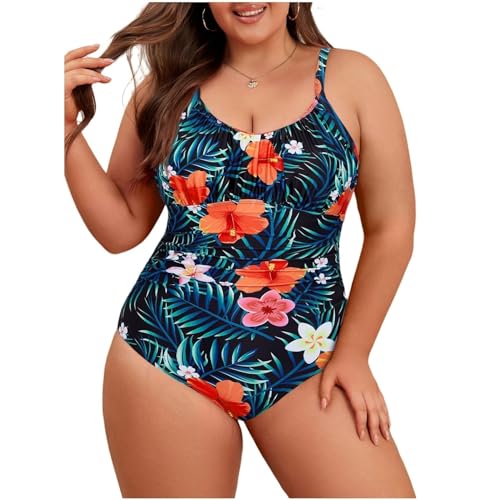 Century Star Badeanzug Damen Große Größe Badeanzug Damen Bauchweg Badeanzüge für Damen Vertikale und horizontale verstellbare Schultergurte Bademode Damen Grünblättrige Färberdistel XL