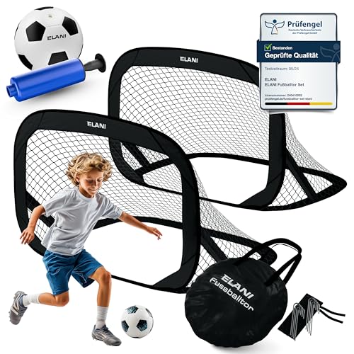 ELANI Fußballtor Kinder Pop-Up 2er Set - faltbar mit Ball & Pumpe, 50% Kleiner + Easy Aufbau, mini Fussballtor klein, Goal, Fussballtore für Garten Kinder, Fußballtore, Fussball Tor, Fußball Tor, Tore