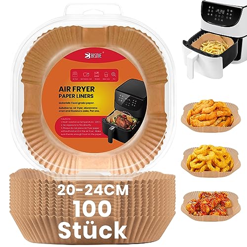 BISNIE Backpapier für Heißluftfritteuse, 100 Stück Airfryer Backpapier Antihaft Wasserdicht Ölfest Einwegschalen Luftfritteuse Pergamentpapier Liner für Heißluftfritteuse Bratpfanne Ofen Mikrowelle