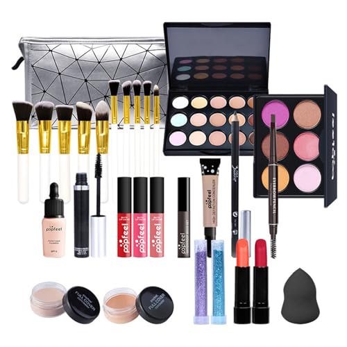 All In One Makeup Set, Makeup-Geschenkset für Frauen Anfänger - Kosmetiktasche mit Lidschatten Palette, Creme Concealer, Lippenstift, Mascara, Pinsel usw - für unterwegs, zum Reisen und Verschenken