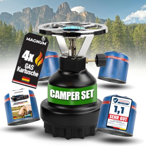 Magnum® Campingkocher inkl. 4 Gaskartuschen [Testnote: Sehr gut] Gaskocher mit Piezozündung [Notfall Ausrüstung] - Camping Gaskocher stufenlos regulierbar - Gaskocher Camping (4 Kartuschen)