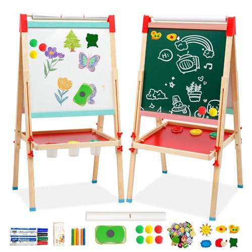 Kinder Staffelei mit Papierrolle, Höhenverstellbar Doppelseitiges Whiteboard und Kreidetafel, Holz Kunst Staffelei mit Aufkleber Malzubehör Ablageschale für Jungen Mädchen ab 3 Jahre