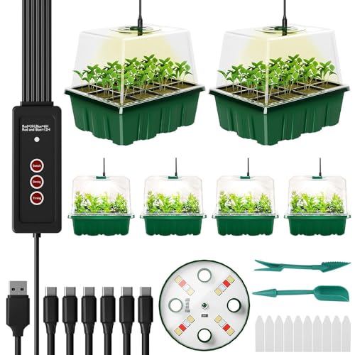 KBIBCK Zimmergewächshaus Anzuchtkasten, 6 Stück Mini Gewächshaus, Setzling Starter Tabletts, Anzuchtkasten mit Pflanzenlampe, Indoor mit mit erhöhten Deckel Einstellbare Helligkeit (Timing-Controller)