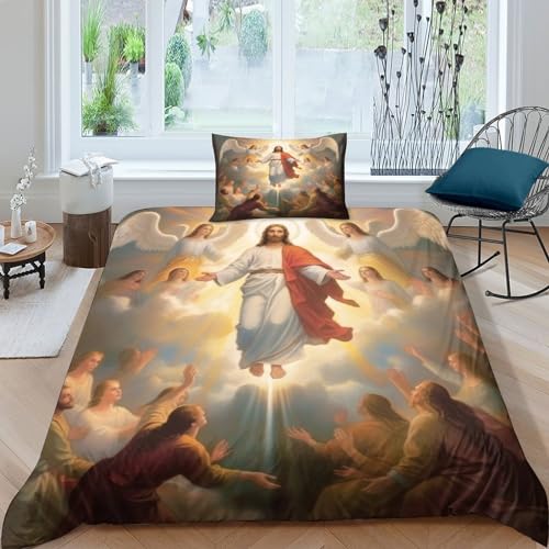 Jesus Für Kinder Mädchen Jungen Bettbezug Set Bettwäschegarnitur 3D Gedruckter Art Gott Und Kissenbezüge Bettwäsche Weich Microfaser Reissverschluss 3 Teilig Single（135x200cm）