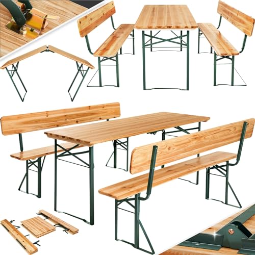 tectake® Bierzeltgarnitur mit Lehne, 3-teilige Festzeltgarnitur aus Holz, Bierbankgarnitur mit Tisch und 2 Bänken, klappbare Biertischgarnitur, für Festzelt Camping Garten, Klapptisch, Gartenmöbel Set